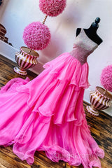 Hot Pink Beaded Top One Shoulder Layers Long Evening Prom Dresses