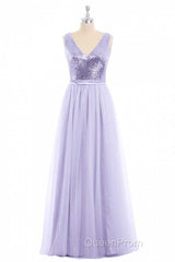 Lavender Sequin V-Neck Backless A-Line Long Dresses