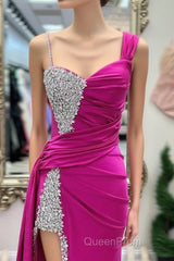 Asymmetrical Magenta Beaded Long Formal Dresses with Attached Train