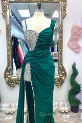 Asymmetrical Magenta Beaded Long Formal Dresses with Attached Train