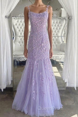 Lilac Spaghetti Straps Long Lace Tulle Evening Dresses Mermaid Appliques Evening Prom Dresses