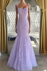 Lilac Spaghetti Straps Long Lace Tulle Evening Dresses Mermaid Appliques Evening Prom Dresses