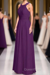 Magenta Chiffon Halter Cutout Back Long Bridesmaid Dresses