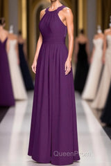 Magenta Chiffon Halter Cutout Back Long Bridesmaid Dresses