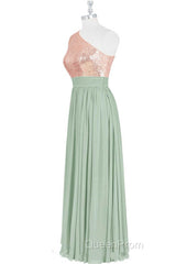 Rose Gold Sequins One-Shoulder Long Bridesmaid Dresses