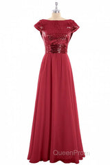 Burgundy Sequin Cap Sleeve Backless A-Line Bridesmaid Dresses