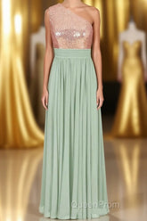 Rose Gold Sequins One-Shoulder Long Bridesmaid Dresses