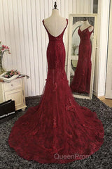 Burgundy Trumpet Sweep Train V Neck Mid Back Appliques Beading Long Evening Prom Dresses