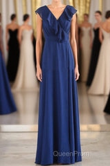 Navy Blue Ruffled Tie-Side Long Bridesmaid Dresses