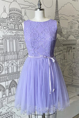 A-line Scoop Neck Tulle Lace Mini Bridesmaid Dresses with Sash