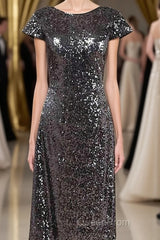 Black Sequin Cap Sleeve Backless Long Bridesmaid Dresses