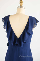 Navy Blue Ruffled Tie-Side Long Bridesmaid Dresses