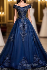 Blue Tulle Lace Off Shoulder Long Evening Prom Dresses, Blue Tulle Lace Evening Dresses