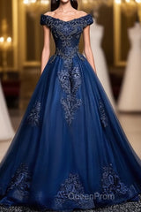 Blue Tulle Lace Off Shoulder Long Evening Prom Dresses, Blue Tulle Lace Evening Dresses