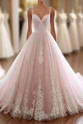 Pink Sweetheart Lace Tulle Long Evening Prom Dresses, Lace Pink Evening Dresses
