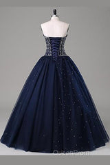 Navy Blue Ball Gown Floor Length Sweetheart Sleeveless Mid Back Evening Prom Dresses