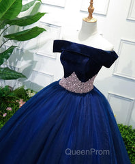 Dark Blue Tulle Off Shoulder Long Evening Prom Dresses, Blue Sweet 16 Dresses