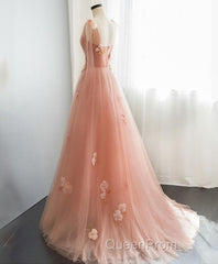 Pink V Neck Tulle Long Evening Prom Dresses, Tulle Evening Dresses