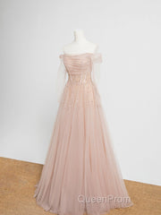 Champagne Pink Tulle Beads Long Evening Prom Dresses, Champagne Evening Dresses