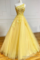 Yellow Lace One Shoulder Evening Dress, A-Line Tulle Long Prom Dress