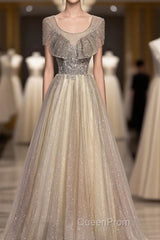 Champagne Round Neck Sequin Long Evening Prom Dresses, Tulle Formal Dresses