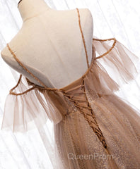 Champagne Tulle Sequin Long Evening Prom Dresses, Champagne Evening Dresses