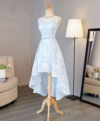 Light Blue Lace High Low Evening Prom Dresses, Homecoming Dresses