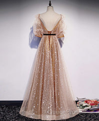 Champagne Sweetheart Tulle Long Evening Prom Dresses, Tulle Formal Dresses
