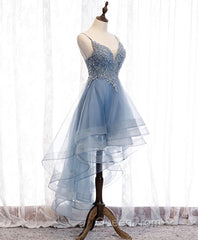 Blue Sweetheart Tulle Lace High Low Evening Prom Dresses, Blue Homecoming Dresses