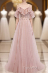 Pink V Neck Tulle Lace Long Evening Prom Dresses, Pink Bridesmaid Dresses, 1