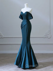 Simple Off Shoulder Satin Ink Blue Long Evening Prom Dresses, Ink Blue Long Formal Dresses