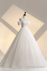 Ivory Tulle Off the Shoulder Formal Gown, Elegant A-Line Wedding Dress