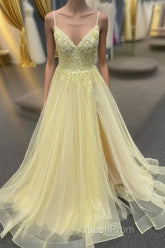 Light Yellow Deep V Appliques Long Evening Prom Dresses with Slit