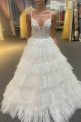 White Floral Plunging V Layers Long Evening Prom Dresses