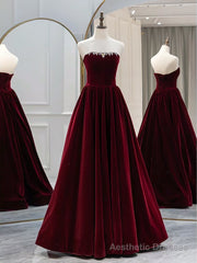 A-Line Long Sleeves Velvet Burgundy Long Prom Dress, Burgundy Long Evening Dress with Beads