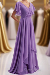 Flutter Sleeves Lavender Chiffon A-line Long Bridesmaid Dresses