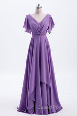 Flutter Sleeves Lavender Chiffon A-line Long Bridesmaid Dresses