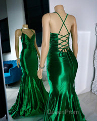 Satin Trumpet V-Neck Spaghetti Straps Evening Prom Evening Dresses For Black Girls