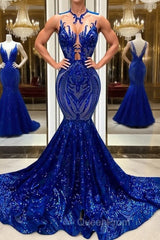 Sequins Royal Blue Sleeveless Mermaid Evening Prom Dresses