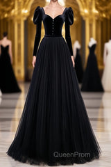 Black Tulle Long Evening Prom Dresses, Black Tulle Formal Dresses