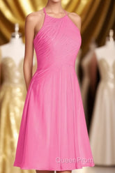 Neon Pink Halter A-Line Short Bridesmaid Dresses