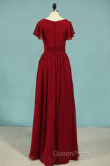 Red Chiffon V-Neck Ruffled A-Line Long Bridesmaid Dresses