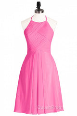 Neon Pink Halter A-Line Short Bridesmaid Dresses