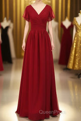 Red Chiffon V-Neck Ruffled A-Line Long Bridesmaid Dresses