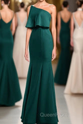 Hunter Green One-Shoulder Mermaid Ruffled Long Bridesmaid Dresses