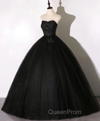 Black Sweetheart Neck Tulle Long Evening Prom Dresses, Black Evening Dresses