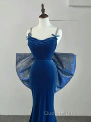 Simple Velvet Blue Mermaid Long Evening Prom Dresses, Backless Velvet Blue Evening Dresses