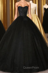 Black Sweetheart Neck Tulle Long Evening Prom Dresses, Black Evening Dresses