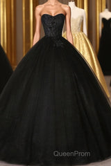 Black Sweetheart Neck Tulle Long Evening Prom Dresses, Black Evening Dresses