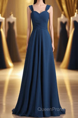 Navy Blue Chiffon Sweetheart A-Line Long Bridesmaid Dresses